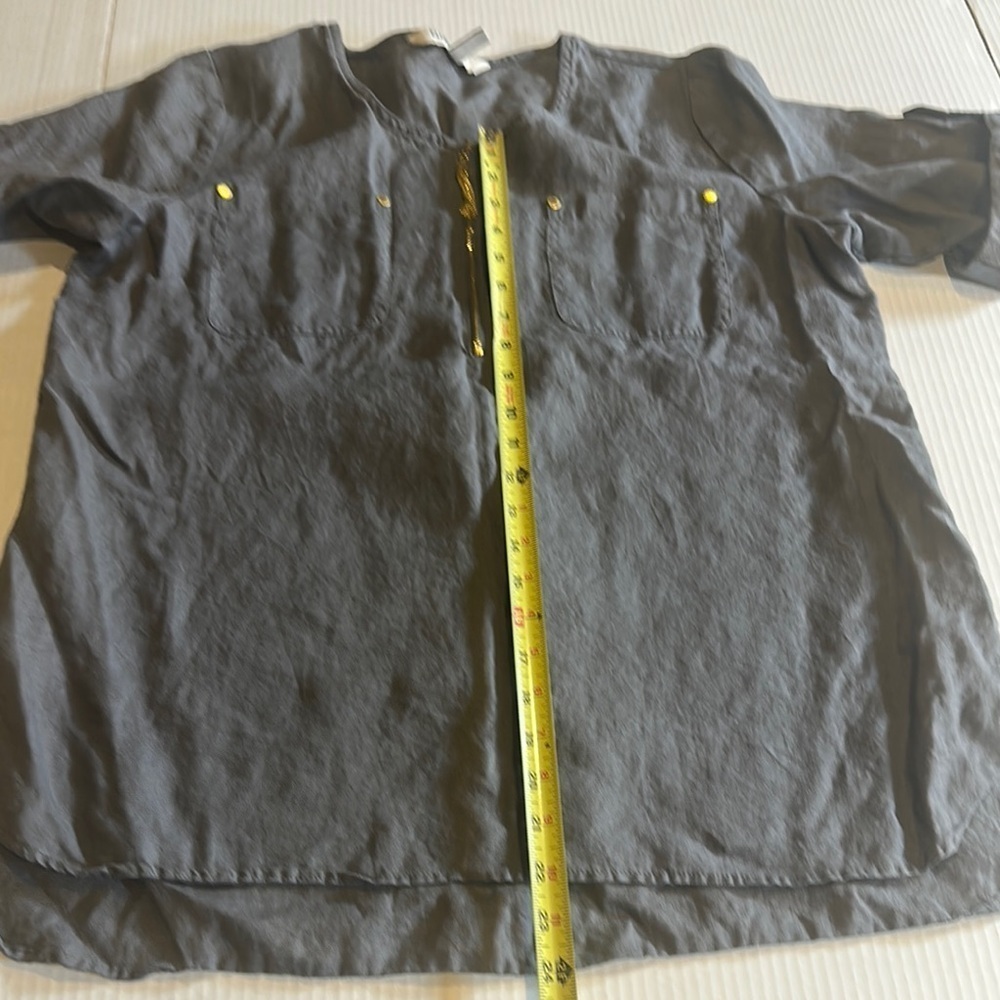 Ellen Tracy linen grey gold Boxy Blouse with Cuffed Sleeves and round Collar - Picture 5 of 10
